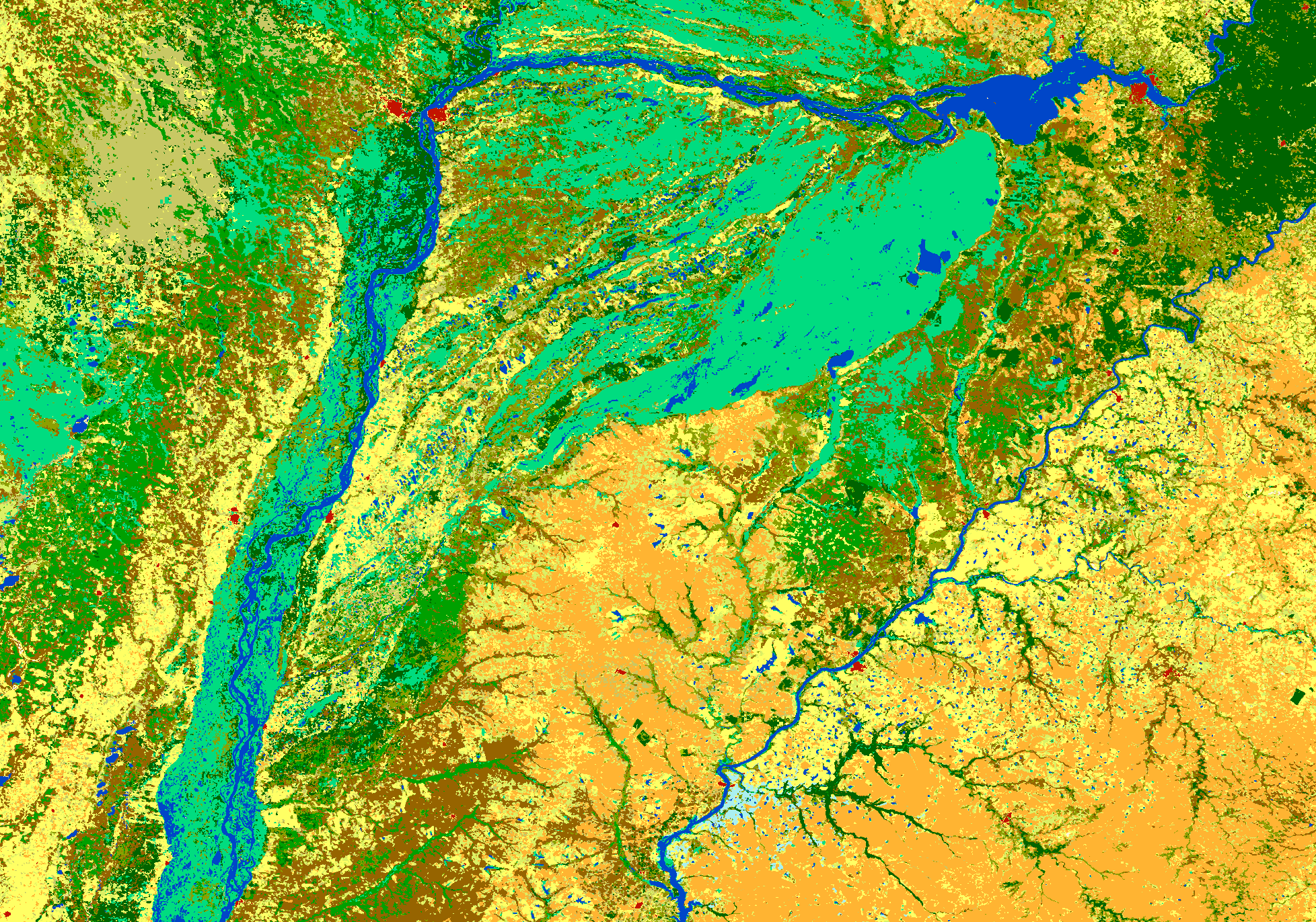Landclass sample image. Multiple bright colours abound. Northern Canada