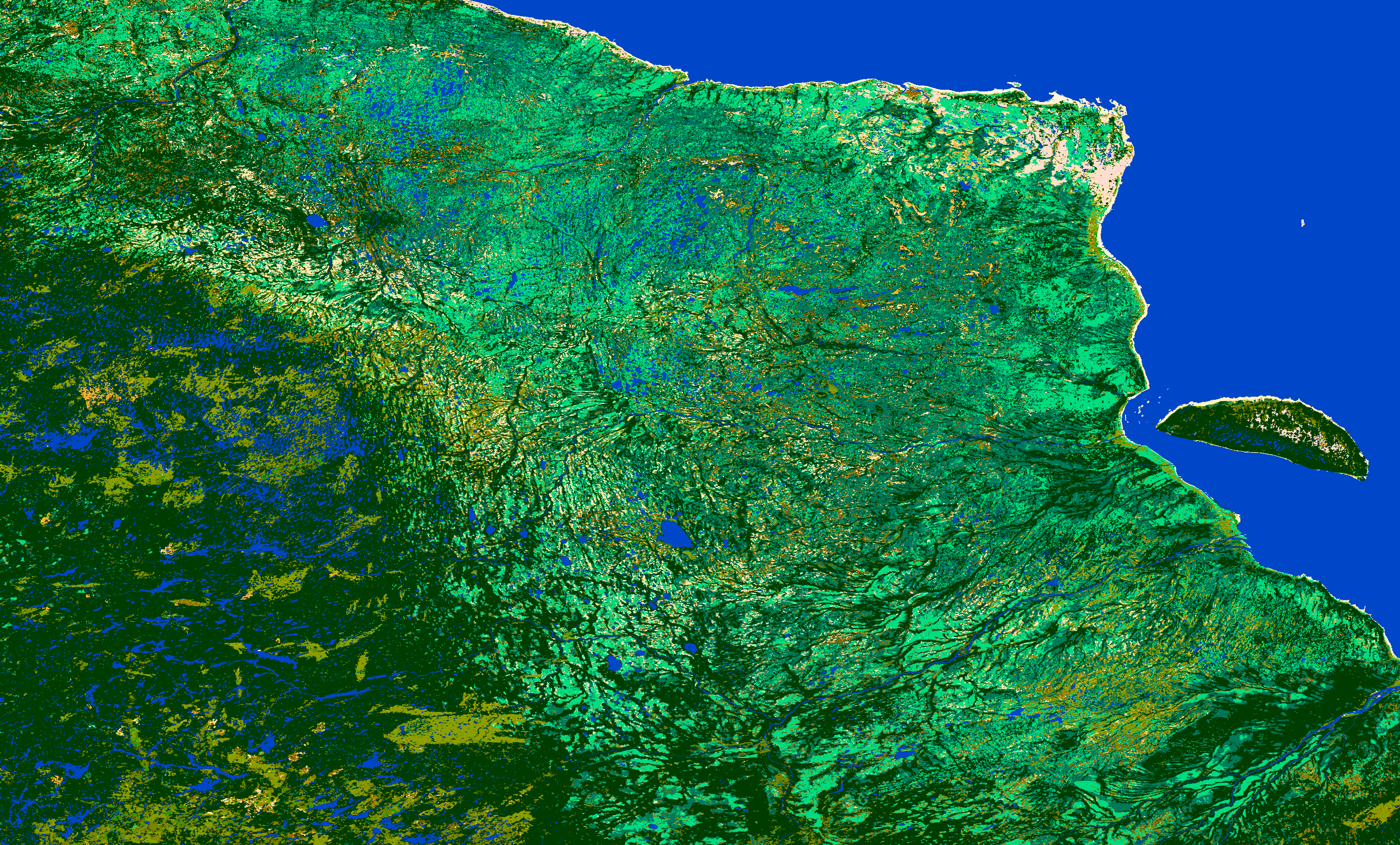 Landclass sample image. Multiple bright colours abound. Northern Canada