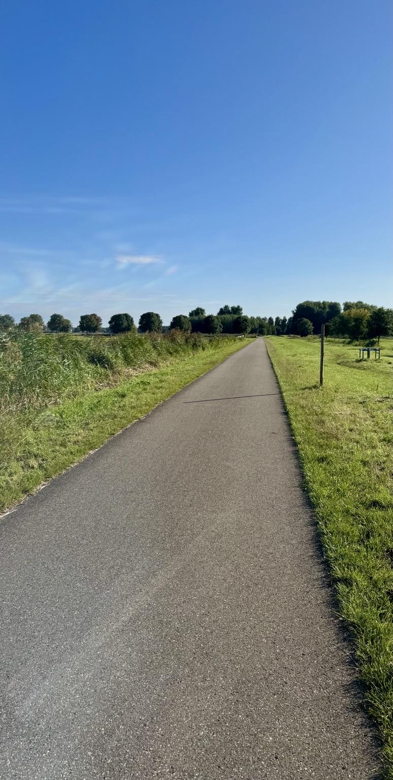 Een lang fietspad door de Vlietlanden nabij Voorschoten omgeven van groen door bomen,struiken en grassen.